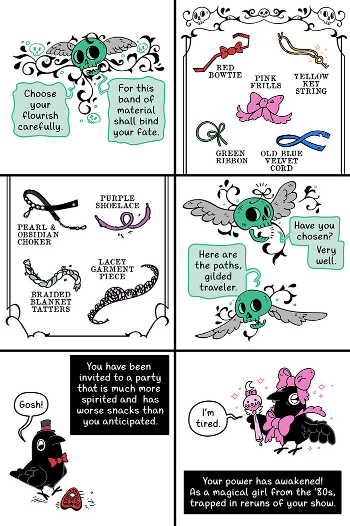 Cute comic featuring a crow choosing magical accessories and encountering a whimsical adventure.