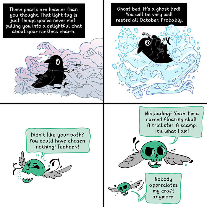 Cute and funny comic featuring a crow interacting with a ghost bed and a floating skull.