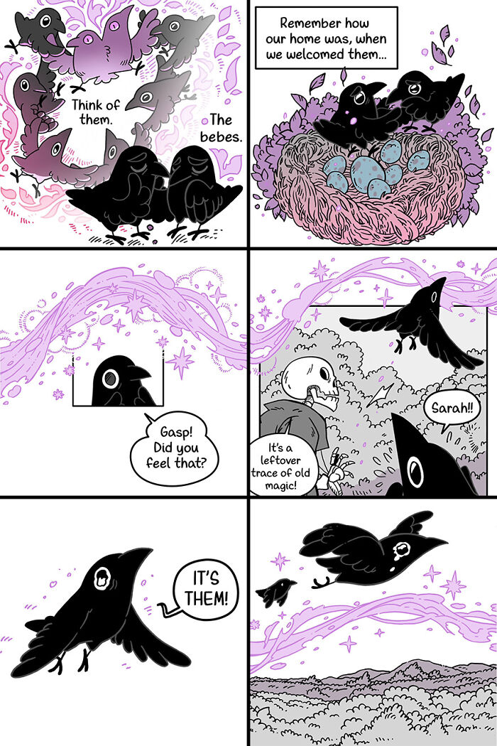 Cute and funny fairytale-like comic of crows discovering magical traces and colorful aura around their nest.