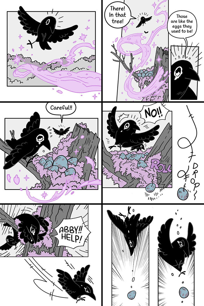 Cute comic featuring a crow finding colorful eggs in a nest, with a humorous and fairytale-like sequence of events.