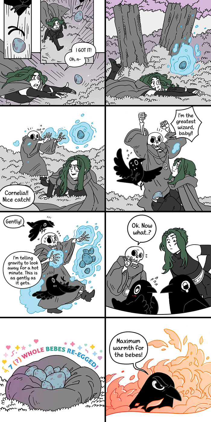 Wizard and crow in a fairytale-like comic catch flying eggs, using magic for comedic effect.