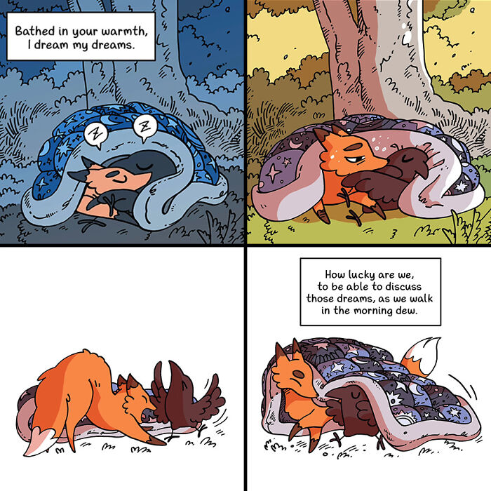 Cute comic strip with a fox and a crow, snuggling under a blanket, sharing dreams in a fairytale-like setting.