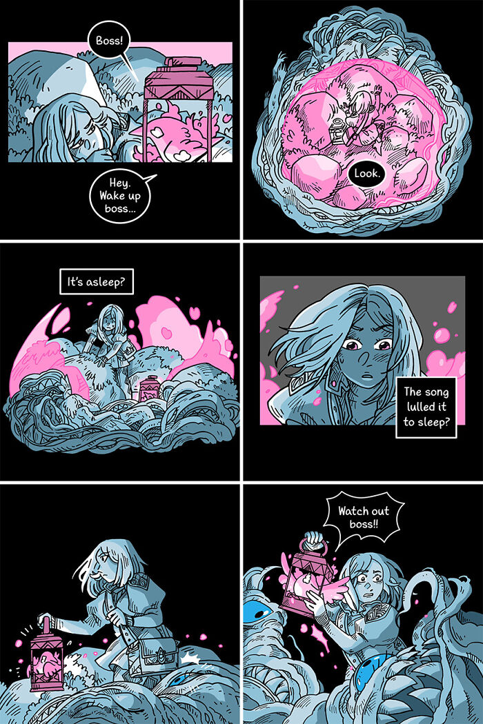 Fairytale-like comic strip in blue and pink tones, featuring a character holding a lantern and encountering a magical creature.