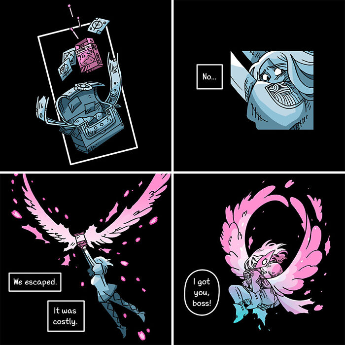 Fairytale-like comic strip with magical characters escaping, featuring vibrant colors and mystical themes.