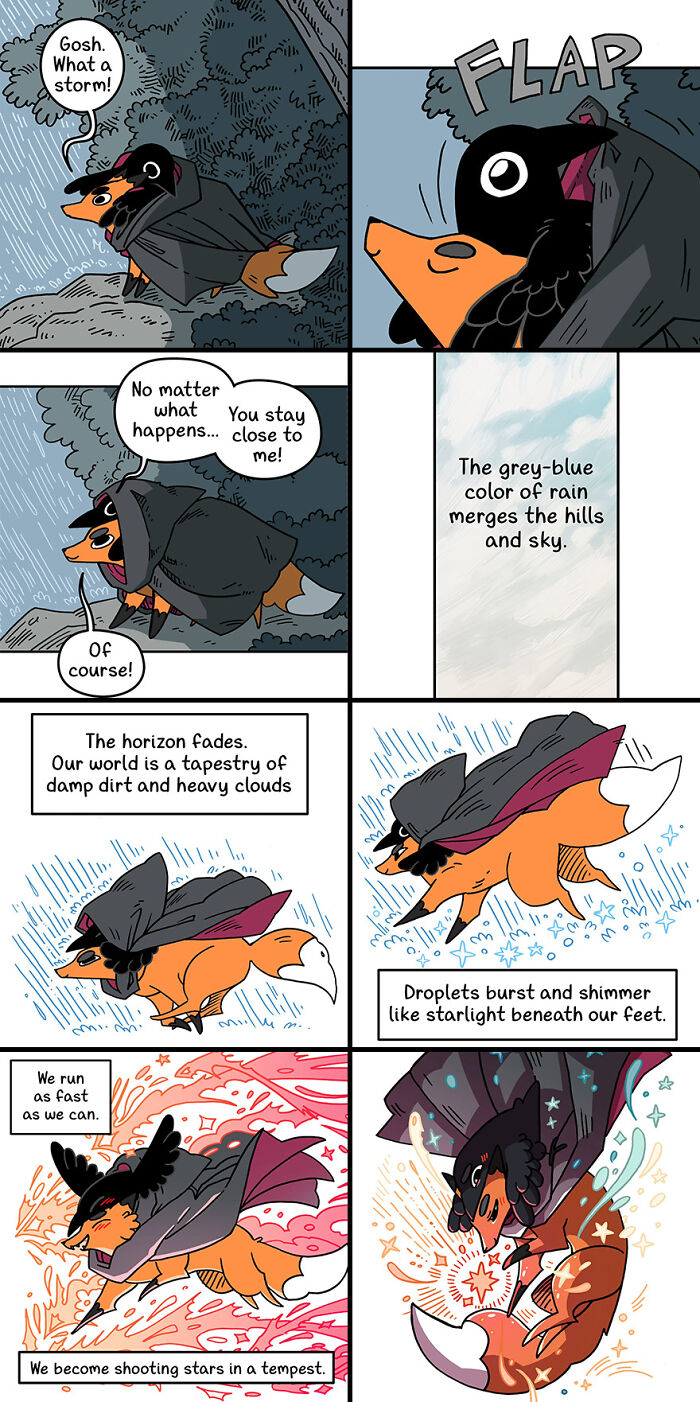 Cute crow characters in a whimsical fairytale comic, facing a storm with vibrant colors and playful text.