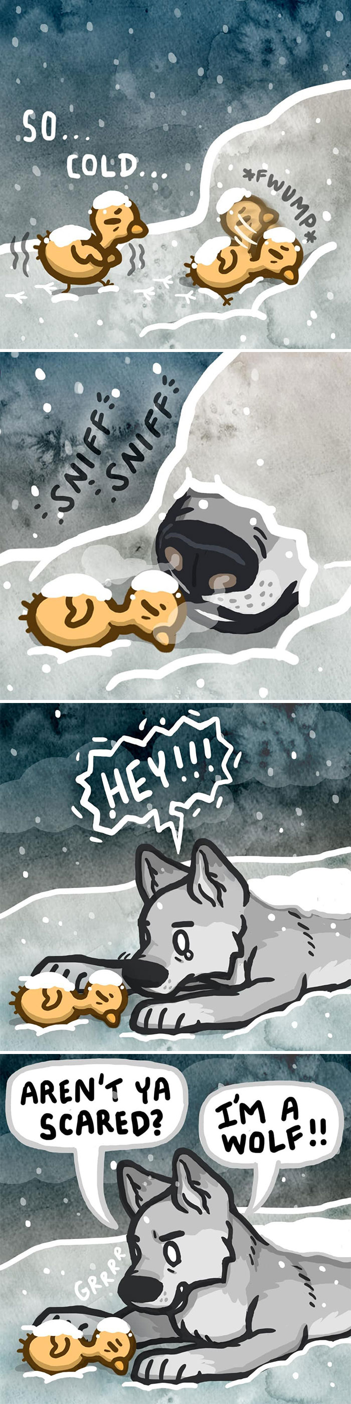 A comic by Kitty Moon shows a cold turkey meeting a curious wolf in the snow.