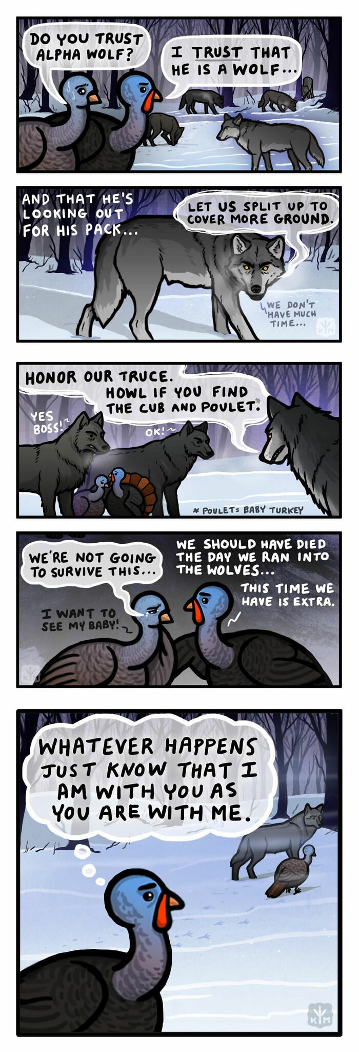 Comic strip depicting a conversation between a turkey and wolves in a snowy forest, exploring themes of trust and friendship.