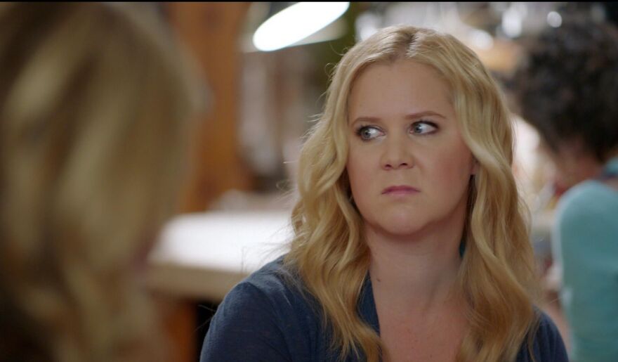 Comedian Amy Schumer with blonde hair making a skeptical expression, sitting in a room, associated with actors who always play themselves.