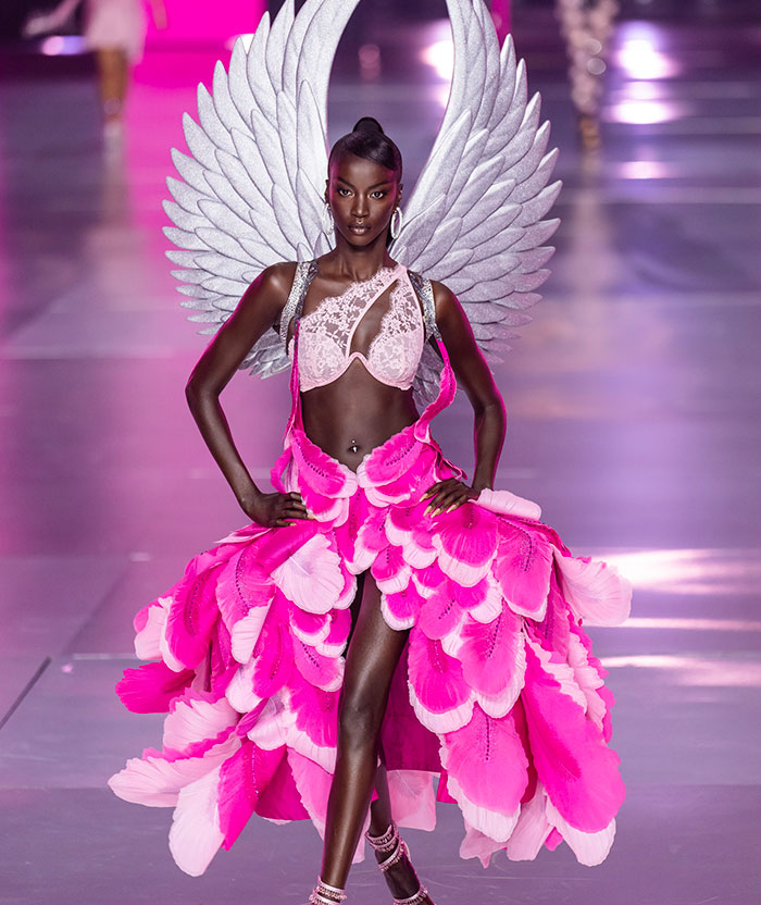 Anok Yai, on Victoria Secret runway in vibrant pink dress with wings, showcasing fashion design. Anok Yai, on Victoria Secret runway in vibrant pink dress with wings, showcasing fashion design.