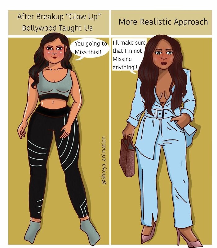 Comic illustrating the humor in everyday struggles of being a woman, contrasting post-breakup styles.