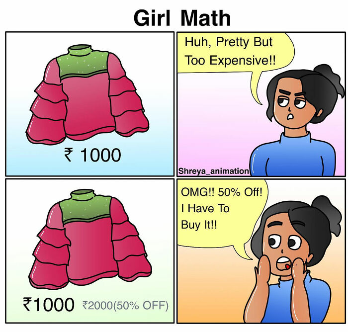Comic illustration humorously depicting a woman's shopping dilemma with discounts, titled "Girl Math" by Shreya_animation.