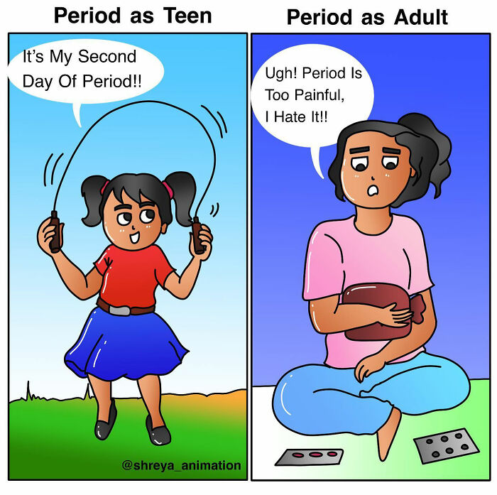 Comic illustrating humor in everyday struggles of periods; shows contrast between teenage and adult experiences.