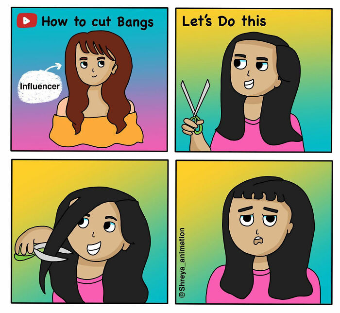 Comic strip humorously depicting a woman's struggle with cutting her bangs at home.