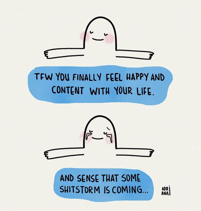 Illustration of a smiling character, arms wide, with ironic text about life's unpredictability by an artist.