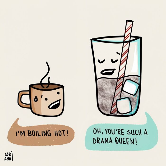 Cartoon coffee cup and glass of ice illustrate real-life irony with humorous dialogue about boiling and drama.