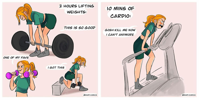 Comic of a young person enjoying weightlifting but struggling with cardio, highlighting humorous relatable fitness challenges.