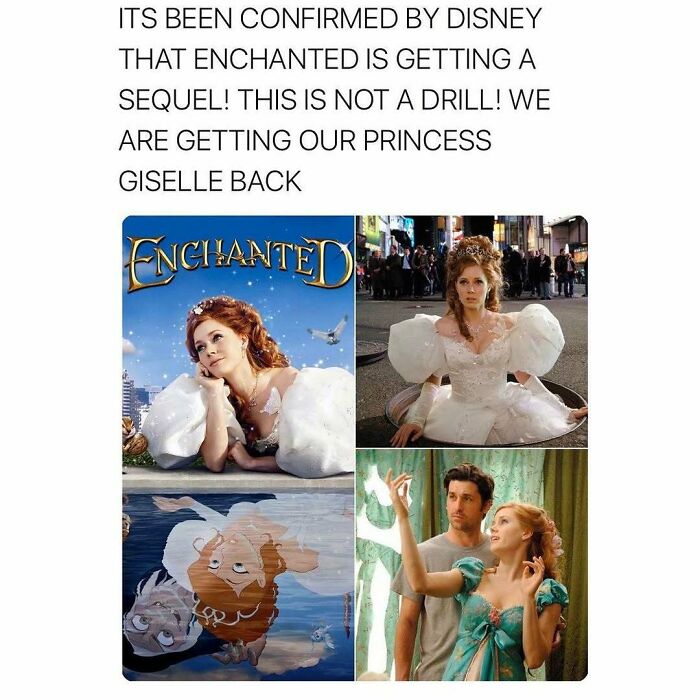 Collage of scenes from "Enchanted," a nostalgic childhood show, featuring princess Giselle in various moments.