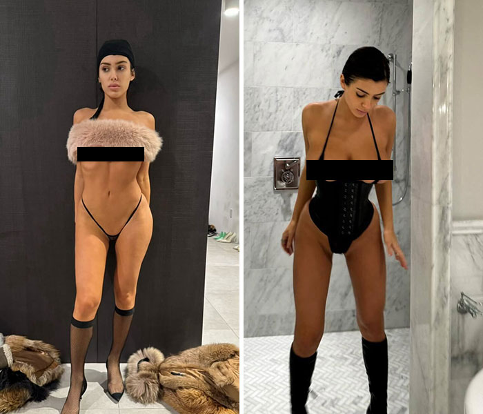 Bianca Censori posing in revealing black lingerie and thigh-high stockings in two indoor settings, showcasing bold fashion looks.