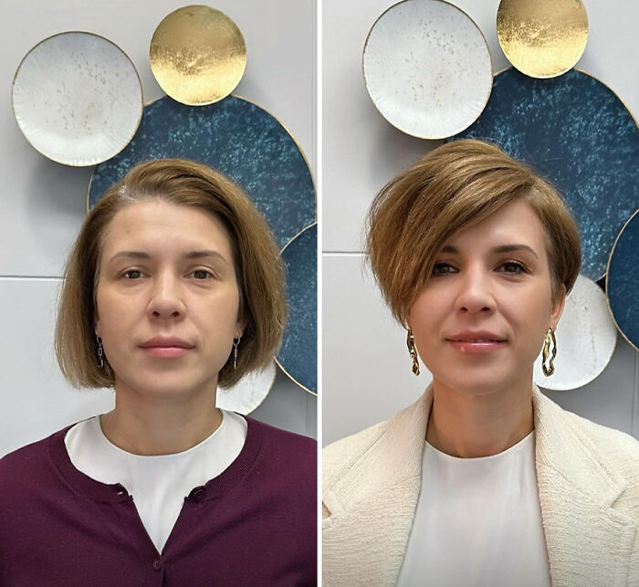 Woman with short haircut transformation, styled by a skilled hairstylist, showcasing amazing results in a before and after image.
