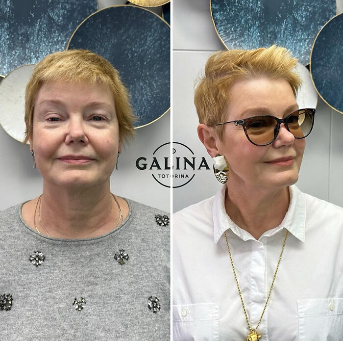 Woman with daring short haircut transformation, styled by a talented hairstylist, showcasing before and after results.