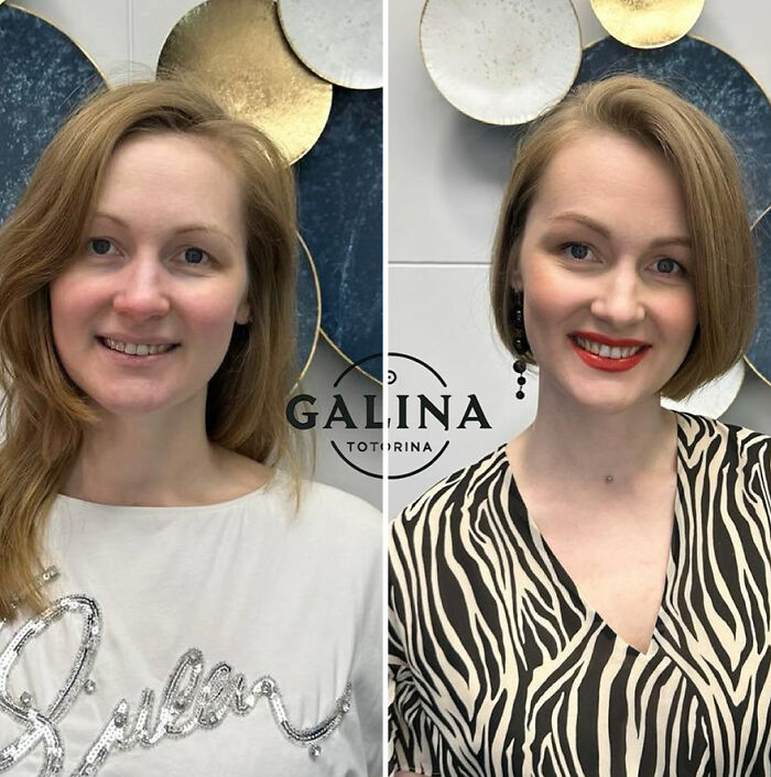 Before and after of a woman's short haircut transformation by a skilled hairstylist.