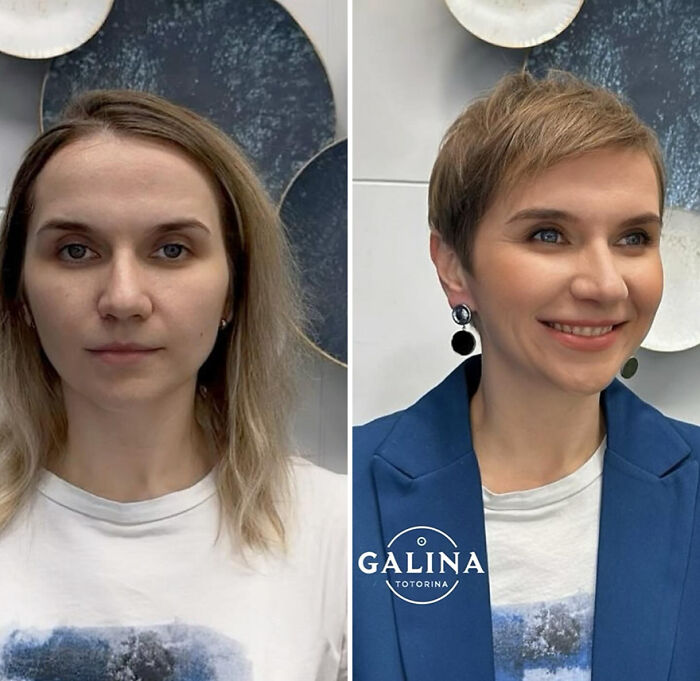 Before and after image of a woman with short haircut transformation by hairstylist, showcasing awesome results.