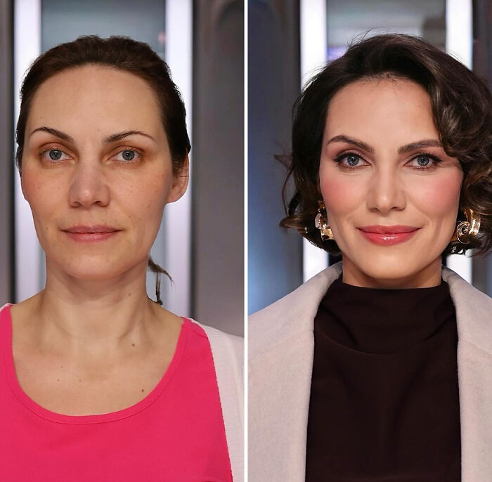 Before and after photos of a woman with a daring short hairstyle transformation by hairstylist.