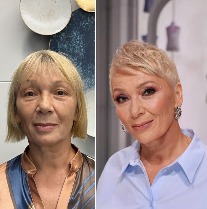 Woman's transformation with short haircut by hairstylist; before and after photos showcasing amazing results.