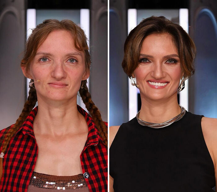 Before and after photos of a woman who transformed her look with a short hairstyle.