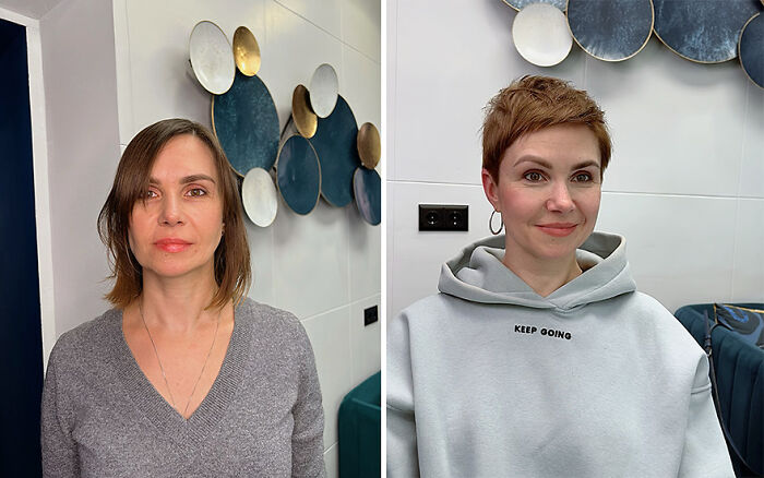 Woman with short hair transformation by hairstylist, before and after images.
