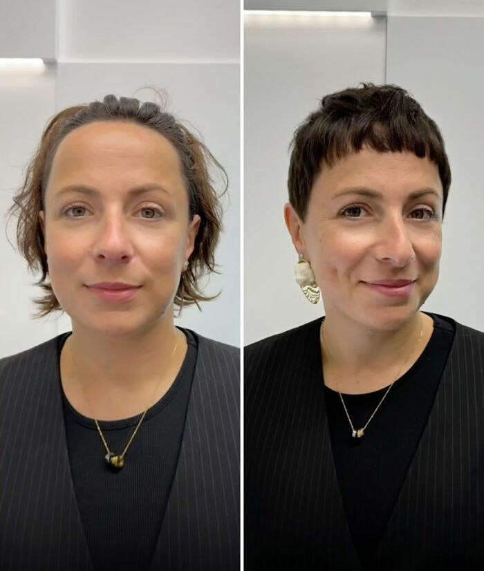 Woman with short haircut transformation by skilled hairstylist, showcasing a stylish new look.