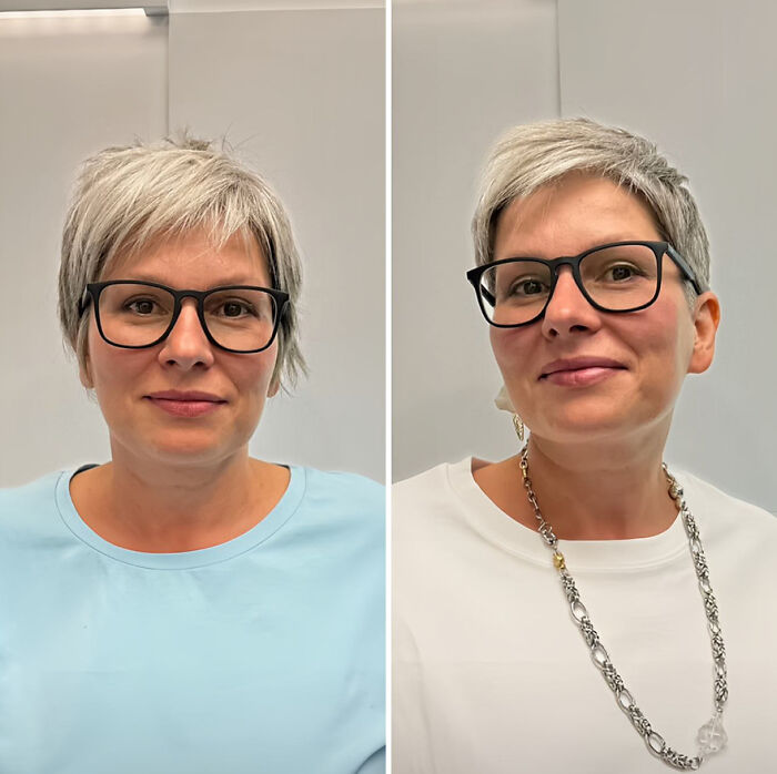 Woman with short hair and glasses, before and after makeover by hairstylist, showing stylish transformation results.