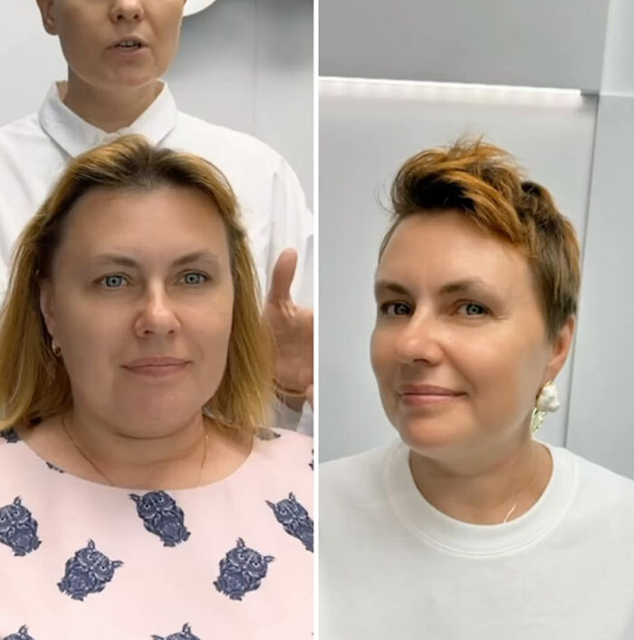 Woman with short hair transformation, styled by hairstylist, showcasing stunning results.