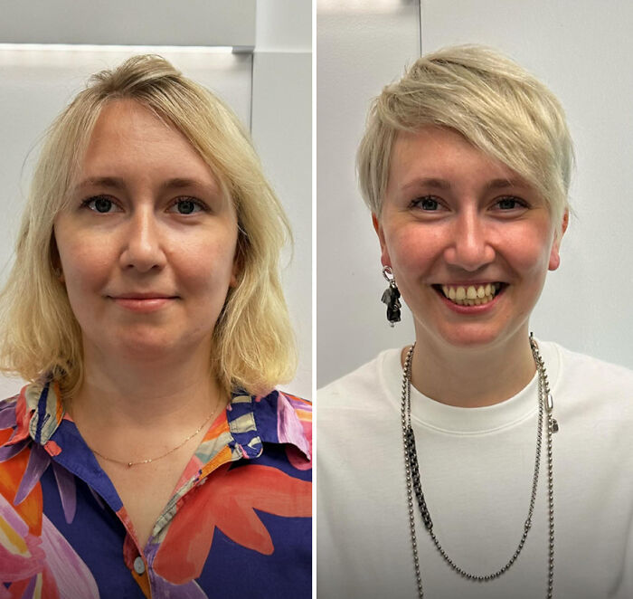 Before and after transformation shows a woman with a stylish short haircut, highlighting dramatic results by a hairstylist.