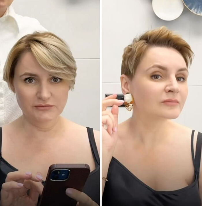 Woman showcasing a short haircut transformation by a hairstylist, highlighting chic results.
