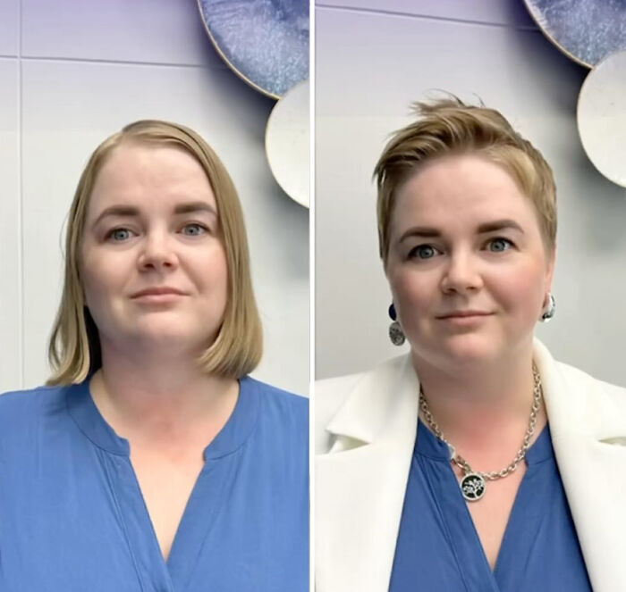 Before and after of a woman with a short haircut, styled by a hairstylist for awesome results.
