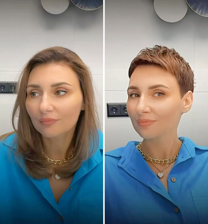 Woman with long hair transformed into short style, showcasing hairstylist's work.