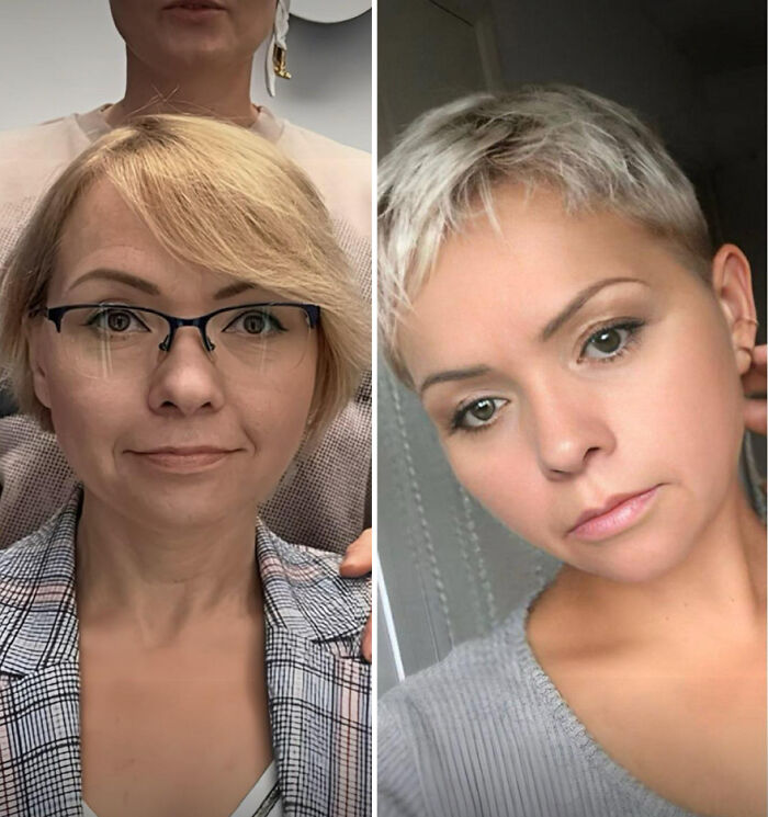 Before and after images of a woman with a new short hairstyle, showing the transformation by a hairstylist.
