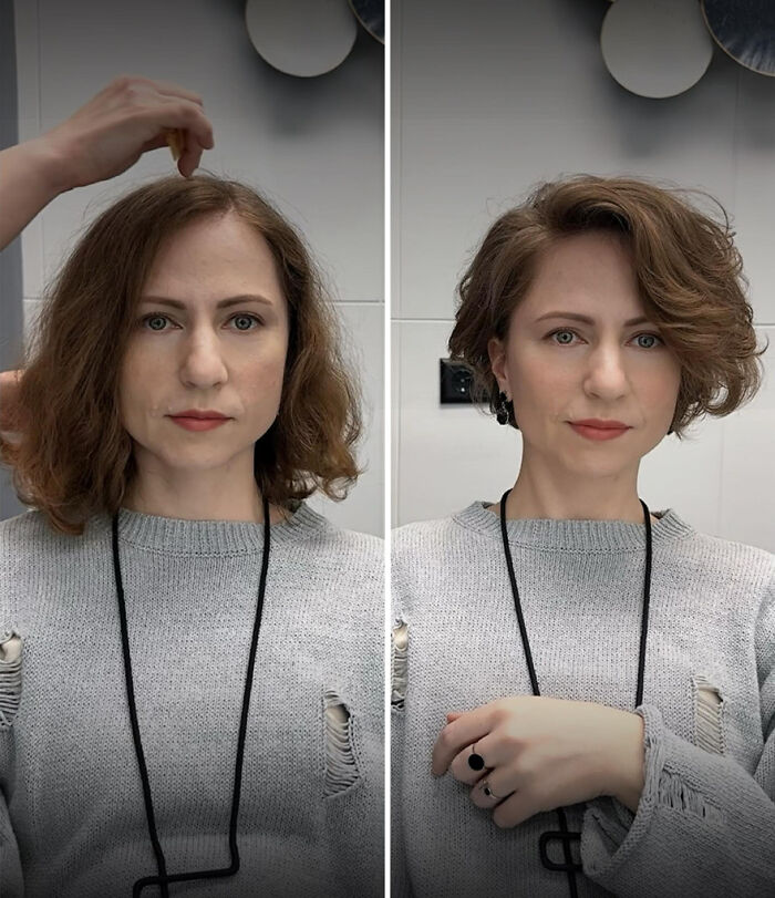 Woman with short hair transformation, before and after.