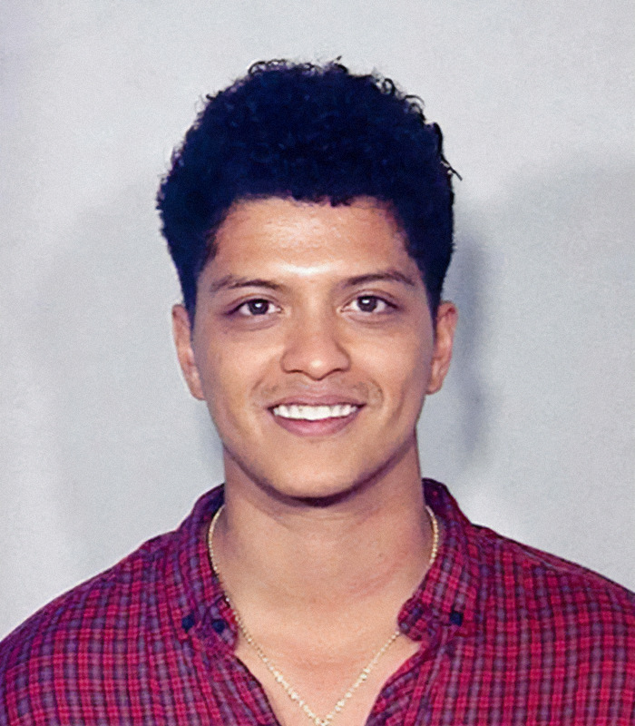 Bruno Mars in a plaid shirt, representing the trend of viral mugshots of heartthrobs.