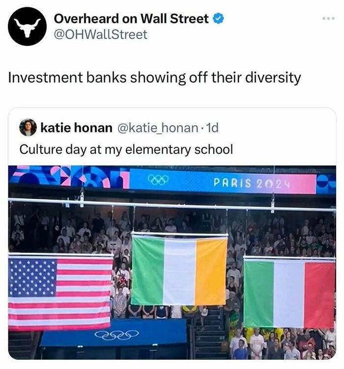 Investment meme showing flags with caption about diversity on "Overheard on Wall Street" Twitter page.