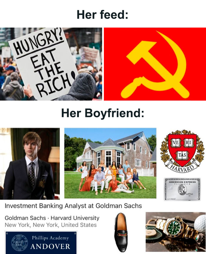 Investment memes contrasting social media feed with Wall Street boyfriend's luxurious lifestyle.