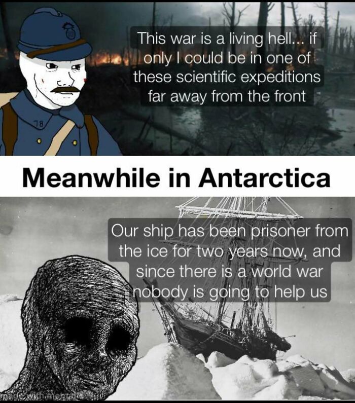 History meme showing a soldier wishing for Antarctica, where a ship is stuck in ice, depicting historical irony.
