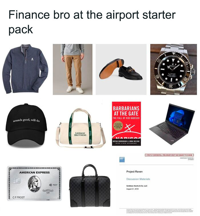 Finance bro airport essentials: sweater, khakis, loafers, watch, cap, duffle, book, laptop, credit card, briefcase, report. Investment memes.