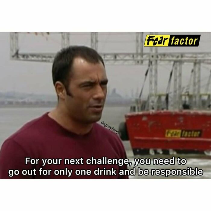 Person in red shirt with humorous challenge caption, referencing a popular TV show.