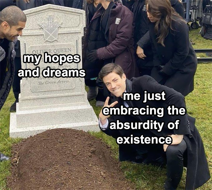 Man poses at a gravestone humorously labeled "my hopes and dreams," reflecting relatable mental health meme content.