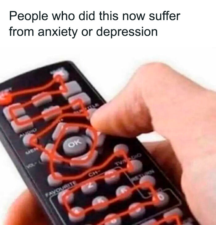 Remote control meme highlighting anxiety and depression with intricate button path.