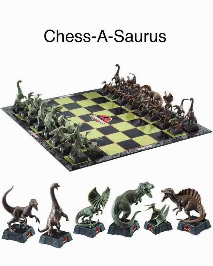 Dinosaur-themed chess set with figurines, titled "Chess-A-Saurus," showcasing prehistoric humor.