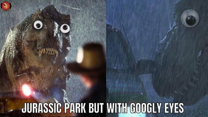 Dinosaur meme with a T-Rex from Jurassic Park humorously edited with googly eyes in rainy scenes.