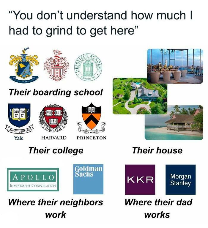 Investment memes collage with school logos, luxury homes, and corporate logos like Goldman Sachs and Morgan Stanley.